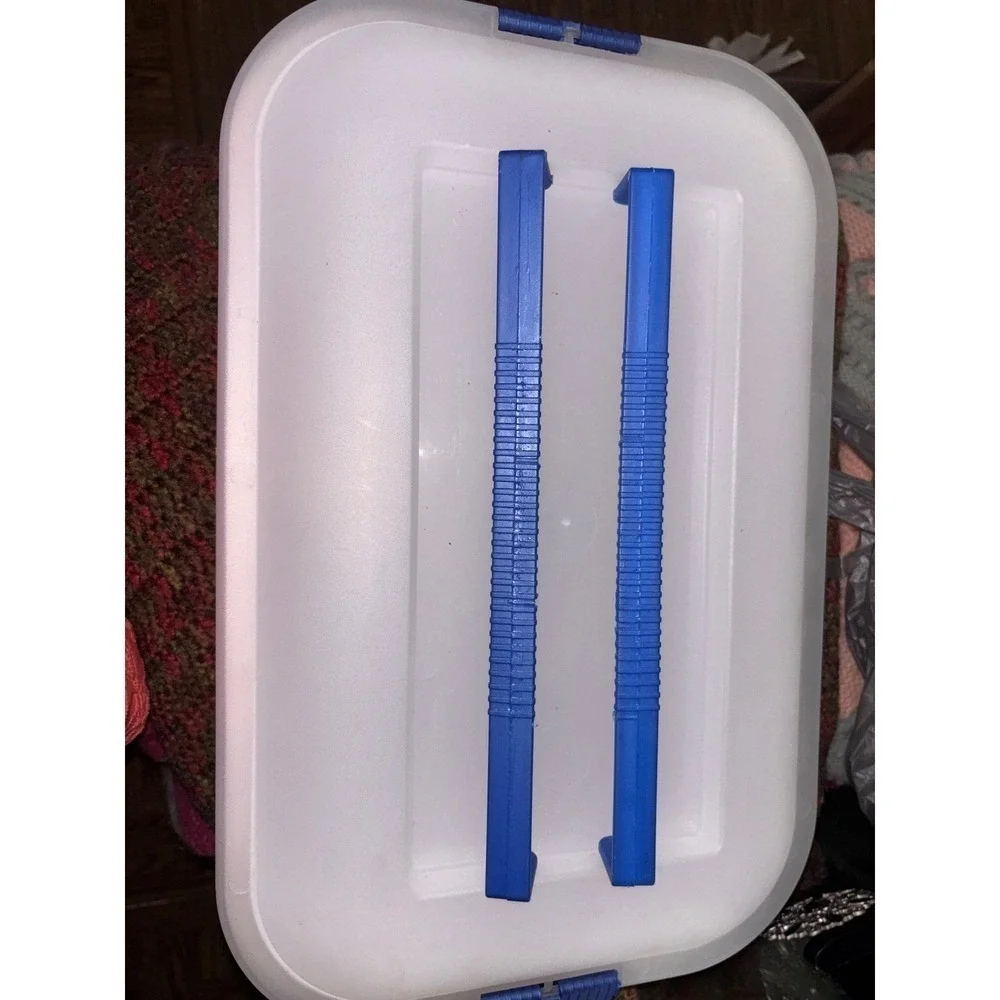 Sterilite White Plastic Storage Bin with Blue Latching Lid 16x11x6